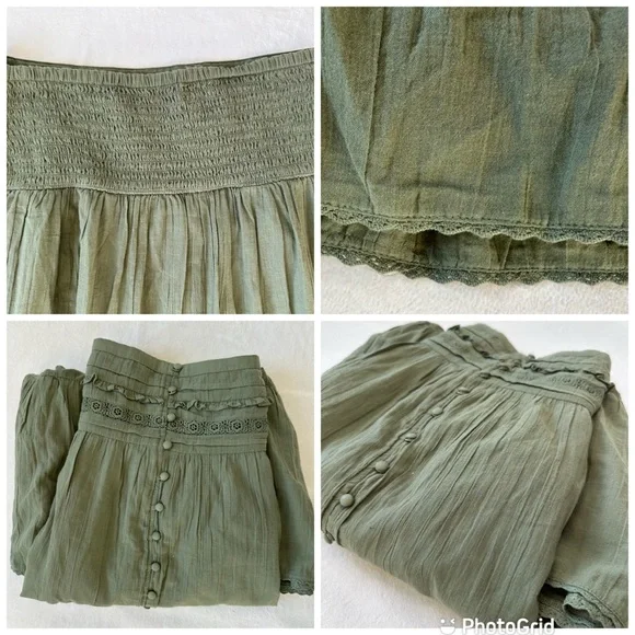 Aerie NWT Green Cotton Gauzy Tiered Skirt Smocked Waist Long Front Slit, size L - Picture 16 of 16